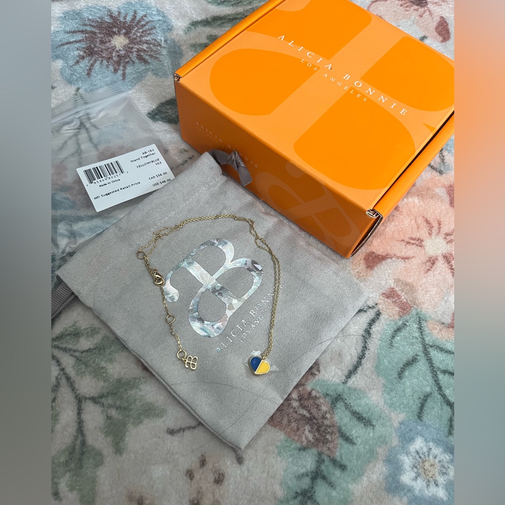 Alicia Bonnie Gold Yellow And Blue Heart Stand Together Necklace Nwt Box And Bag